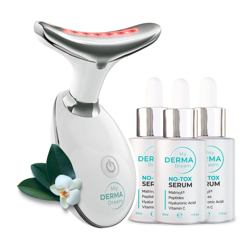 MyoGlow device with No-Tox skincare serum bottles