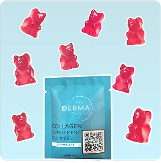 Strawberry collagen peptide gummies shown with the MyoGlow offer